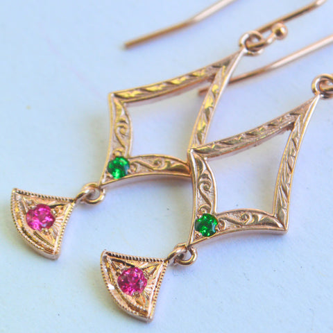 rose gold earrings with tsavorite and pink tourmaline