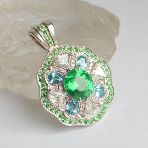 white gold pendant with zircon, mint garnet, tsavorite and pink tourmaline