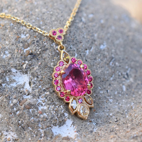 18K Gold Mahenge Spinel Necklace with Yellow and Peach Diamonds